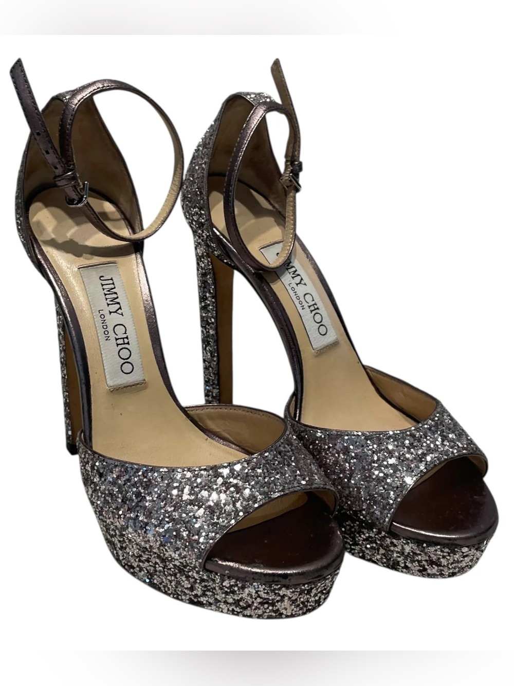 Jimmy Choo Silver Glitter Open-Toe Platform Stiletto Heels